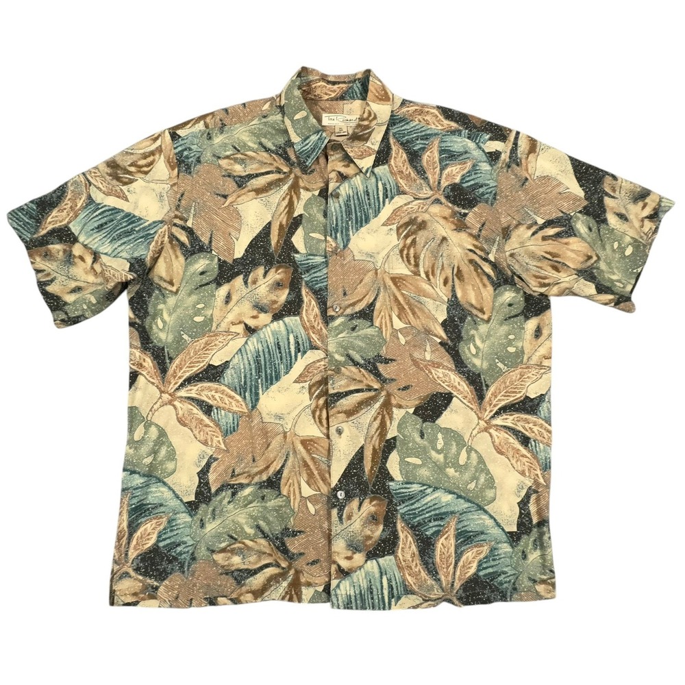 Tori Richard Hawaiian Shirt Mens XL Tan Green Floral 100% Cotton Lawn Aloha